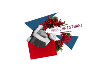 Composite trend artwork sketch image collage of merry christmas new year holiday celebration aged man santa claus hat eyewear proclaim