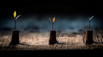 Three minimalistic sprouting plants with small yellow leaves stand on a textured wooden table,