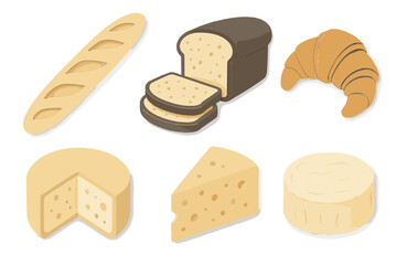 Assortment of fresh baked goods including baguette, sliced bread, croissant, alongside gourmet cheeses presented in a charming paper cut style