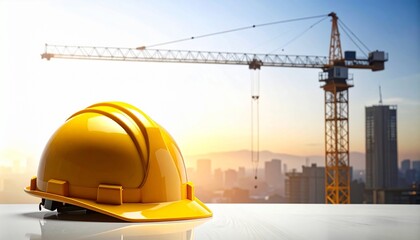 Yellow safety helmet placed on a reflective surface with construction crane and modern city skyline in the background during sunrise. Concept of construction industry, workplace safety, engineering, 