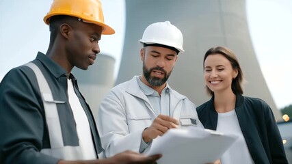Cinematic footage of engineers and environmental scientists collaborating on safety standards near a cooling tower, showcasing teamwork and professional responsibility.