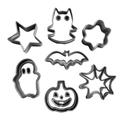 A selection of festive cookie cutters, shaped as a star, ghost, bat, spider web, pumpkin, and others, perfect for baking spooky treats. 
