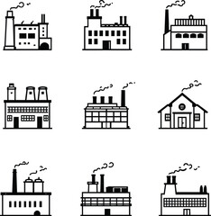 Obraz premium Factory industry building icon vector set outline illustration manufacturing plant industrial architecture