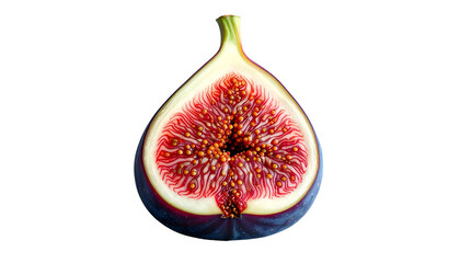 Ripe fig half, showing textured interior against black background