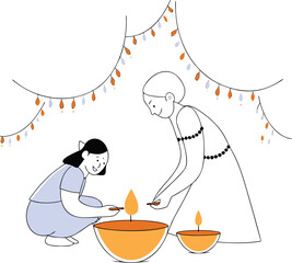 Mother and daughter lighting Diya's for Diwali celebration with string lights