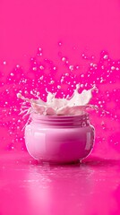 Pink cream jar with splashing milk