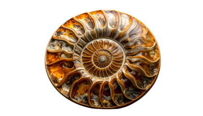 Detailed close-up of a fossilized ammonite shell, spiral patterned