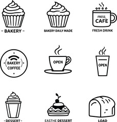 Bakery and coffee shop icons set vector design for cafe restaurant or food business branding and decoration