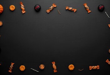 Halloween Pumpkins And Candy Decorations On Dark Festive Background