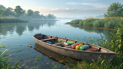 Obraz premium Rustic rowboat carrying colorful fishing gear floating on calm waters capturing maritime culture and traditional fishing lifestyle