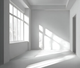 A bright white room with sunlight streaming in through a large window and casting shadows on the floor