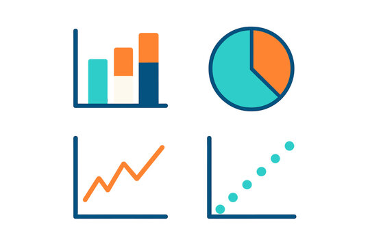 Diverse collection of data visualization charts for business analytics, including bar, pie, line, and scatter graphs