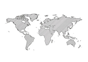 Obraz premium Handdrawn map outline of the world Landmasses filled with lines