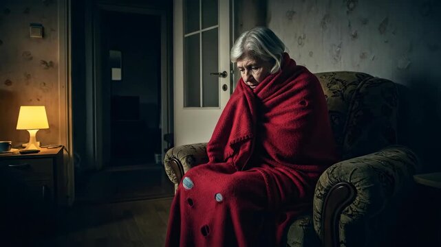 Elderly woman sitting in troubled mood at night, feeling worried, alone, and sad due to trouble, old age in slow motion footage.