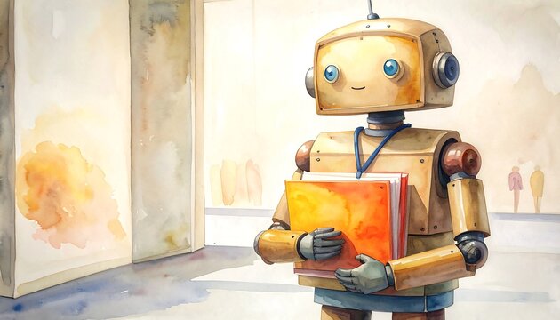 Retro Robot Student with Books in a Bright, Minimalist Setting.