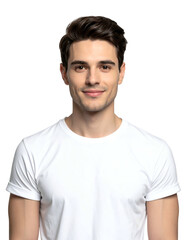 Fototapeta premium A young man with brown hair, smiling, wearing a white t-shirt, on a black background