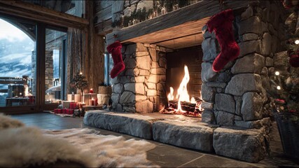 Cozy rustic cabin interior with a stone fireplace adorned with red stockings and Christmas decorations. Snowy outdoor view and festive scene create warmth. Video made using Generative AI. - Powered by Adobe