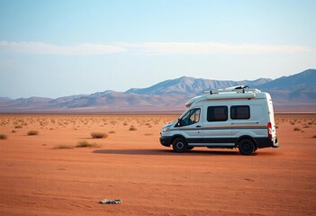 Obraz premium A lone campervan parked amidst a vast, empty landscape, winter, wilderness