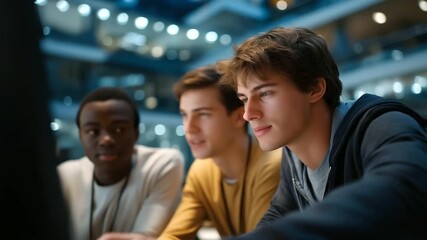 Explore cinematic footage of diverse university students collaborating on IT solutions in a modern computer lab, showcasing global education and knowledge exchange. - Powered by Adobe