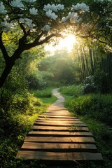 Fototapeta premium The spring season brings vibrant beauty to the garden, where a lovely park boasts blooming magnolia trees beside a peaceful pond