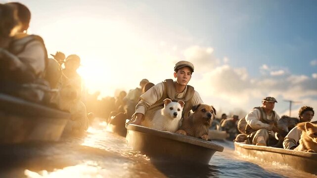 Cinematic footage of volunteers heroically rescuing animals by boat during a flood, showcasing teamwork, courage, and lifesaving humanitarian efforts.