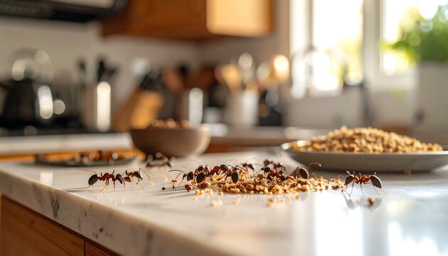 Ants feeding on crumbs in a sunlit kitchen with a common home pest problem.