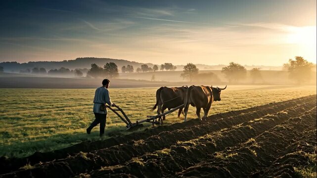 Man plowing field with oxen on a farm at sunrise during historical farming footage