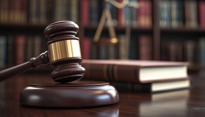 A brown wooden gavel with a gold band sits on a sound block in front of a stack of law books and scales of justice, all on a dark wood surface.
