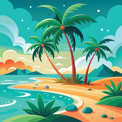 Dream vacation tropical coast with palm leaves, turquoise water and sandy beach illustration