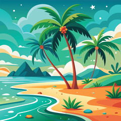 Magical tropical evening with pink, orange and purple sky above palm silhouette landscape art