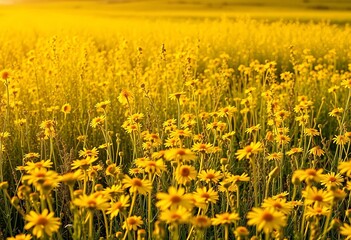Vibrant sun-drenched yellow field of wildflowers, summer, scenery