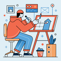 Modern artist designs with vibrant lines, sketching a whimsical blue birdhouse on their drawing board