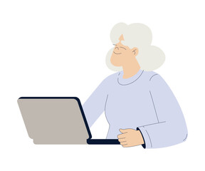 Old Woman Character with Laptop Use Internet and Modern Gadget Vector Illustration