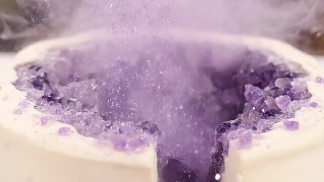 Shiny cake knife cutting a slice from an elegant geode cake decorated with edible amethyst-like crystals and shimmering sprinkles, creating a unique and luxurious dessert