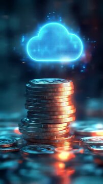 Glowing clouds float above stacked coins, reflecting digital currency and data security. It's about cloud computing, data protection and financial technology