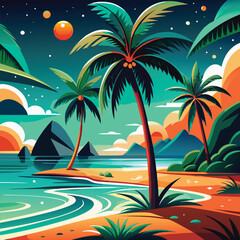 Vibrant tropical coastline sunset with glowing red and purple clouds above palm trees painting