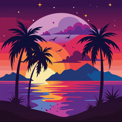 Serene seascape with fishing boat anchored near tropical shore and palm leaves in foreground artwork