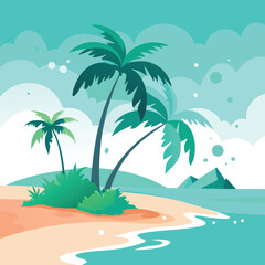 Exotic summer beach with turquoise water, sandy shore and coconut palm tree shadows illustration