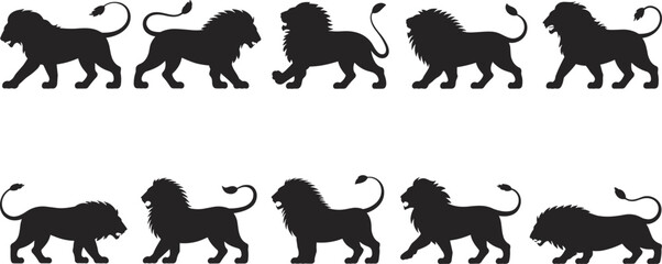 Lion silhouette vector set, majestic wild animal icons, walking lion illustration, powerful predator design, wildlife graphic, safari symbol collection