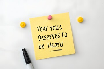 Yellow sticky note with words Your voice Deserves to be Heard