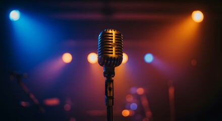 Captivating vintage microphone bathed in the glow of vibrant stage lights, poised for a powerful live performance or intimate musical evening