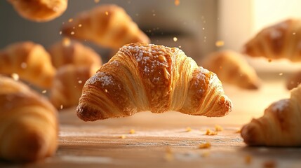 A collection of freshly baked croissants suspended in the air from multiple angles and positions, isolated on a background, with available space for adding text