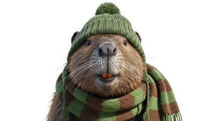 beaver wearing a winter hat and scarf, on a solid white background
