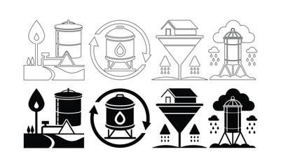 Rainwater Harvesting Icon Set with Eco Friendly Water Collection, Storage Tank and Conservation Symbols in Line and Solid Style