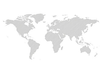 World map with diagonal gray lines filling land masses against a white backdrop