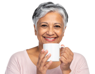 Side Profile of Playful Elderly Woman Holding Mug, Isolated Transparent Background PNG