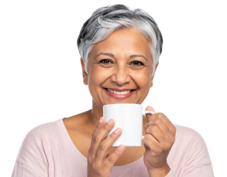  Side Profile of Playful Elderly Woman Holding Mug, Isolated Transparent Background PNG