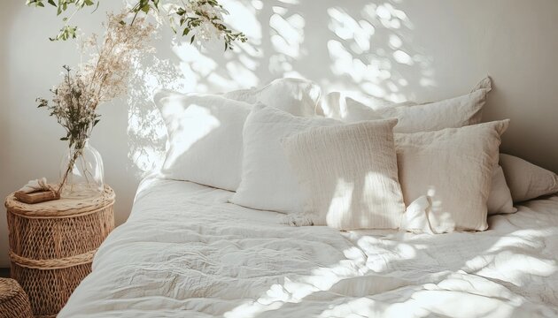 A bedroom scene shows a bed with several white pillows and a white duvet, next to a woven side table with dried flowers in a glass vase, all bathed in sunlight.