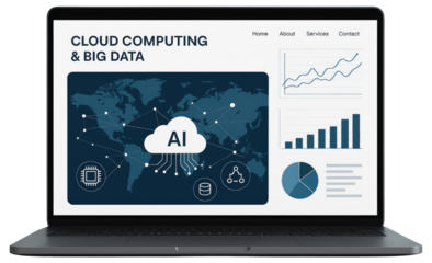 Laptop displaying cloud computing and big data analytics with AI computer technology isolated on a transparent background