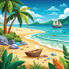 Obraz premium Exotic island landscape with golden sand, coconut palm trees and turquoise sea illustration
